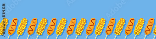 Korean street food banner. Horizontal seamless pattern from asian stick snacks. French fries gamja corndog. Cute colorful asian dishes doodle border. Vector illustration.