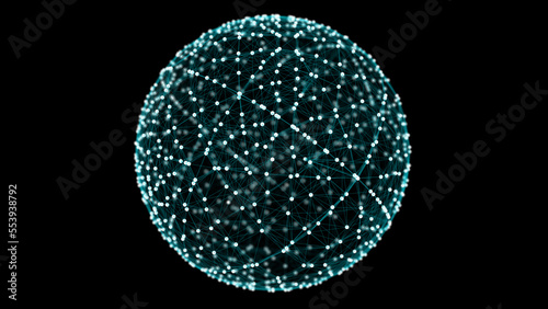 Global connections of particles in the technological sphere. Sphere of digital connections. Abstract detail technology in a networked world. 3d rendering.