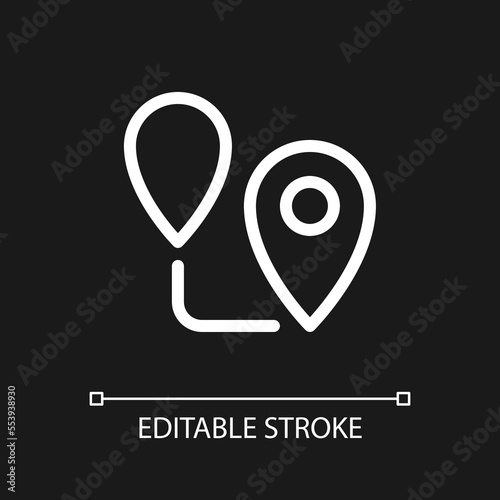 Planning route pixel perfect white linear ui icon for dark theme. GPS navigation. Distance. Vector line pictogram. Isolated user interface symbol for night mode. Editable stroke. Arial font used