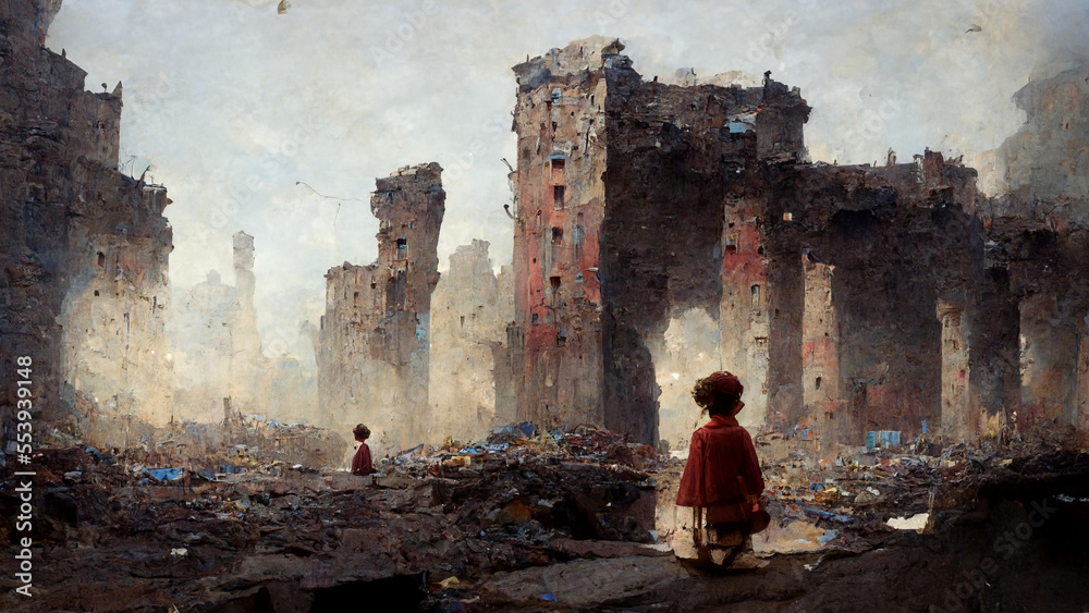 poor child standing in the ruined city after the war created with ...