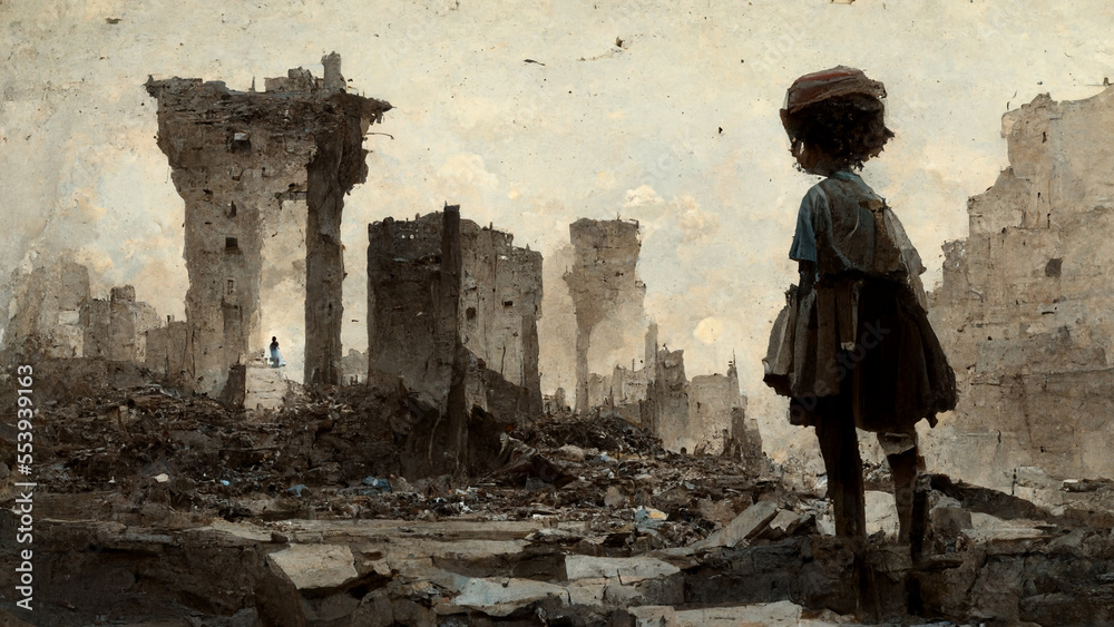 poor child standing in the ruined city after the war created with ...