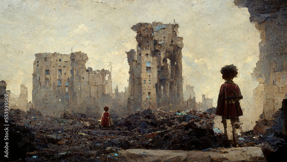 poor child standing in the ruined city after the war created with ...