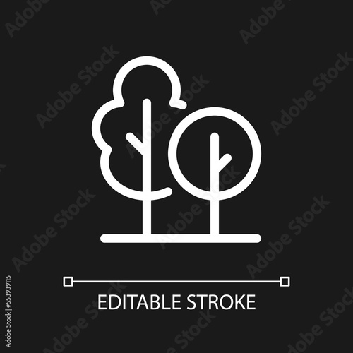 Recreational area and park pixel perfect white linear ui icon for dark theme. Public space. Vector line pictogram. Isolated user interface symbol for night mode. Editable stroke. Arial font used