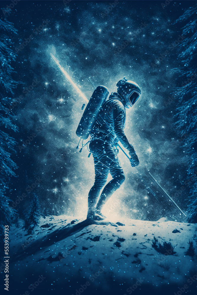 Fototapeta premium vintage astronaut skiing among a galaxy created with Generative AI technology