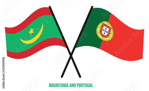 Mauritania and Portugal Flags Crossed And Waving Flat Style. Official Proportion. Correct Colors.
