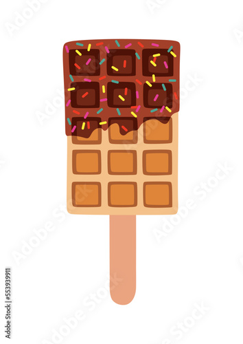 Sweet food and dessert food, vector illustration of golden brown homemade corn dog or hot dog waffle on a stick in various flavors decorations and dark chocolate. photo