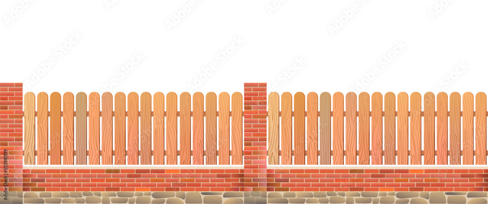 Set of fence. Wooden fence with brick pillars. Horizontal seamless design. Isolated on white background Vector. Set of fence. Wooden fence with brick pillars. Horizontal seamless design. Isolated on white background Vector.