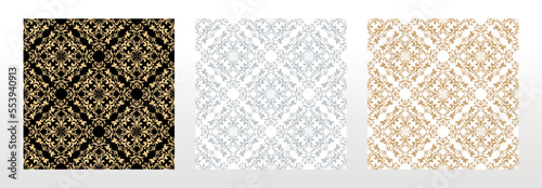 Wallpapers in the style of Baroque. Seamless vector backgrounds. Set of colored floral ornaments. Graphic patterns for fabric, wallpaper, packaging. Ornate Damask flower ornaments