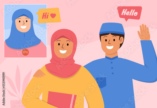 Hand drawn happy muslim character in video call conference concept vector stock design