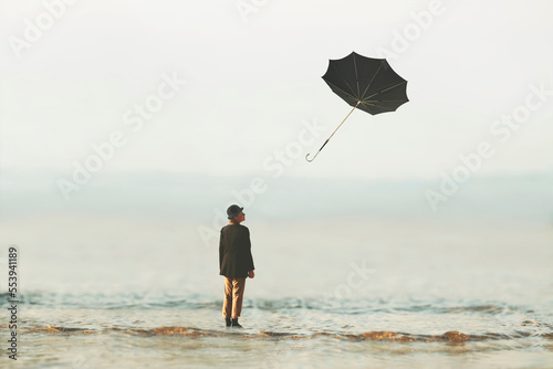 umbrella flying in the sky, business and freedom concept