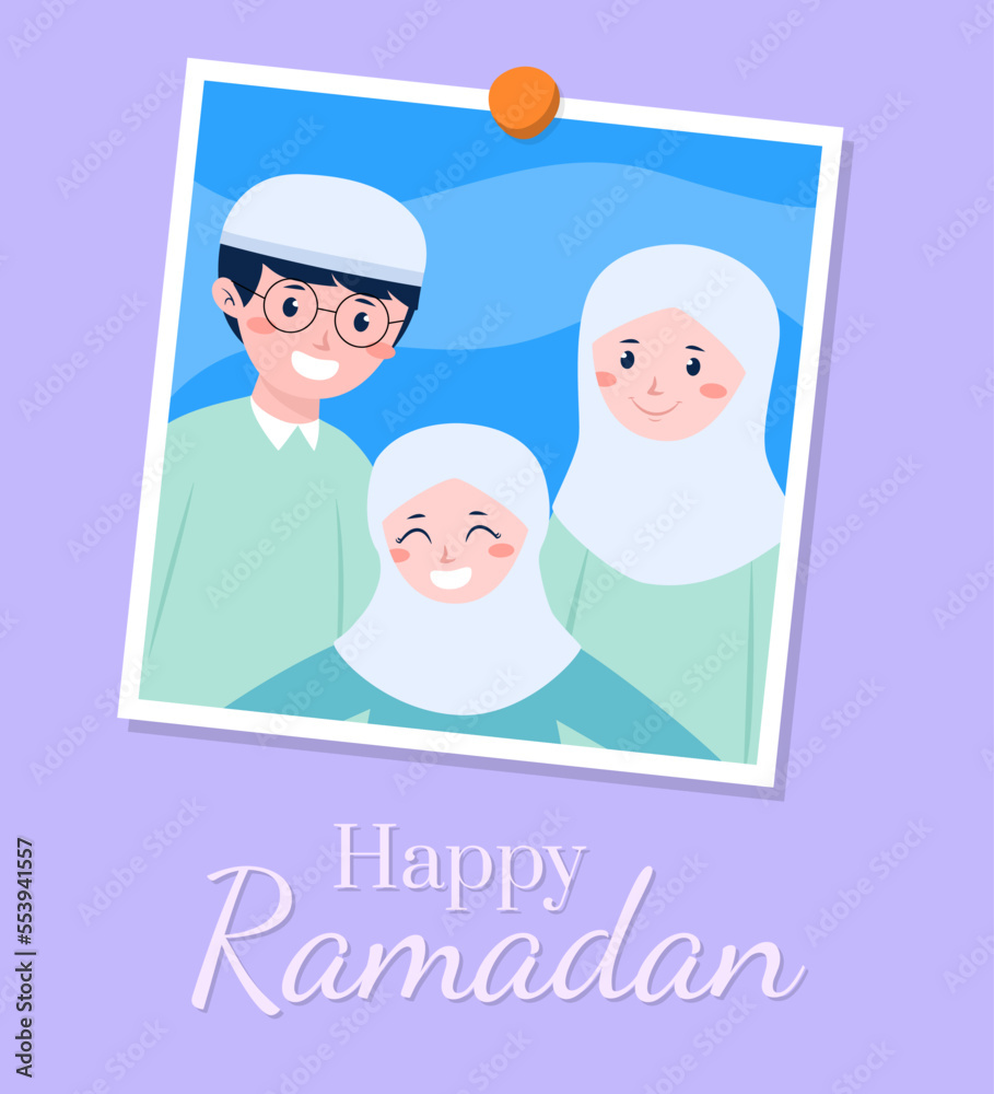 Illustration of happy Muslim family portrait of Ramadan Eid Mubarak vector design