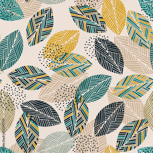 Scandinavian seamless doodle pattern with vintage leaves sketch.  For wrapping paper. Ideal for wallpaper, surface textures, textiles.