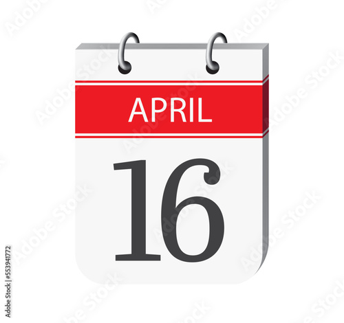 16 april calendar page vector. 3d one day calendar date appointment, event reminder illustration. Abstract three dimensional daily date calendar.
