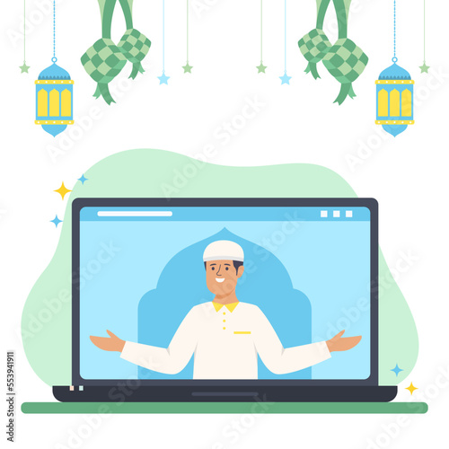 Illustration of muslim Islamic religious lectures via teleconference web video conference on laptop screen vector