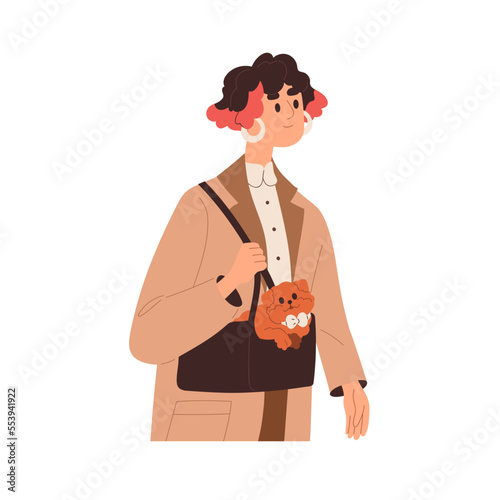 Woman carrying cute toy dog in bag. Modern young girl with pocket puppy. Pet ...