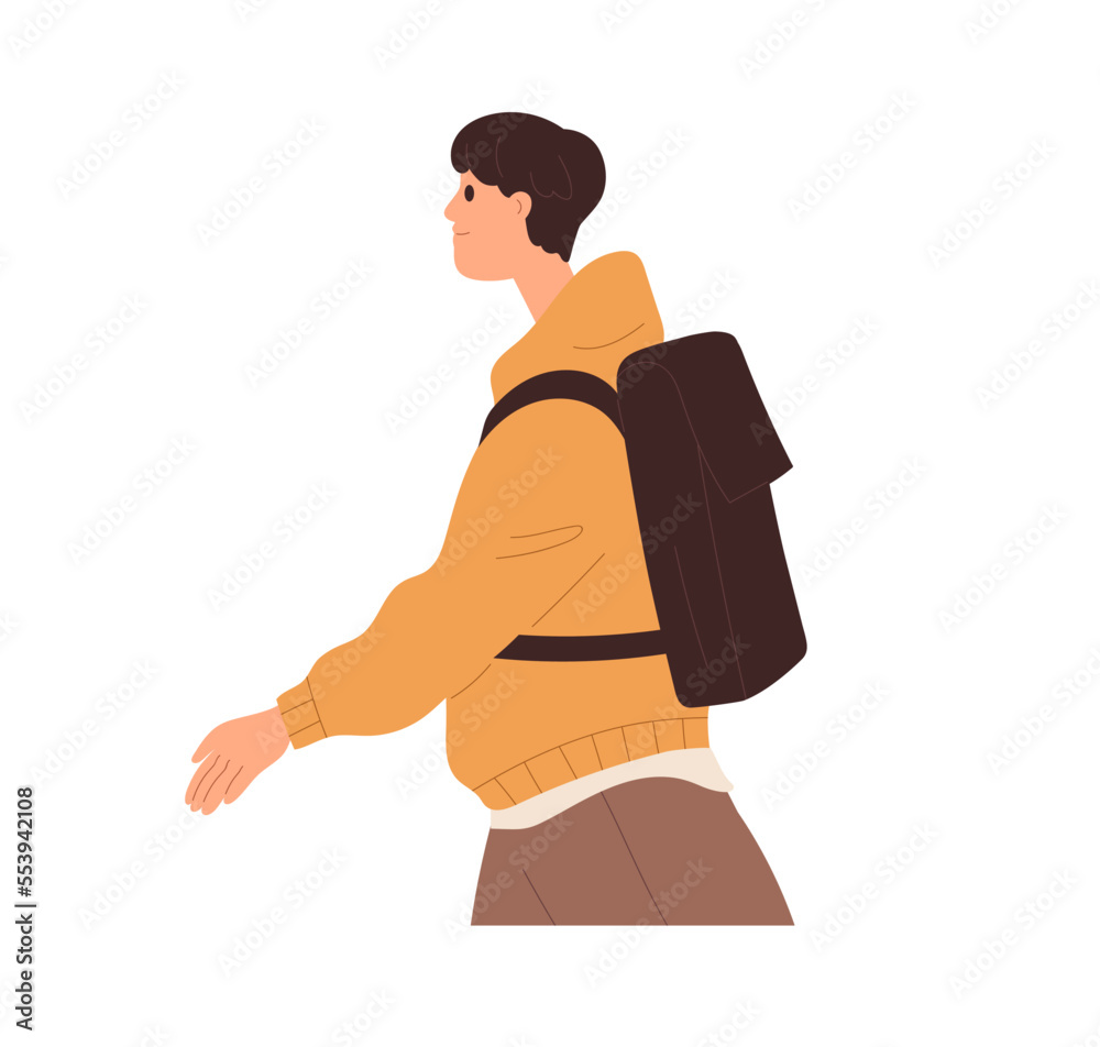 Young man going with backpack. Student in modern apparel, outfit, hoody walking outdoors. Asian guy, male character profile in motion, movement. Flat vector illustration isolated on white background Young man going with backpack. Student in modern apparel, outfit, hoody walking outdoors. Asian guy, male character profile in motion, movement. Flat vector illustration isolated on white background