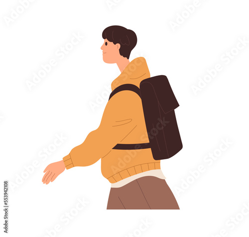 Young man going with backpack. Student in modern apparel, outfit, hoody walki...