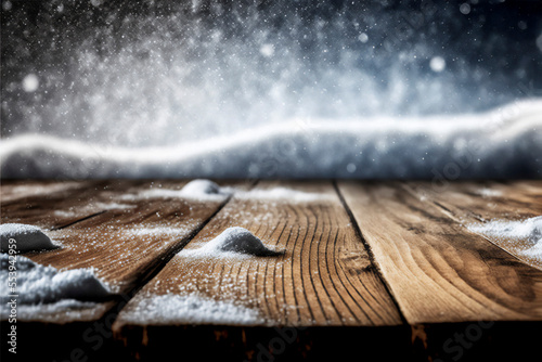 wooden table with snow