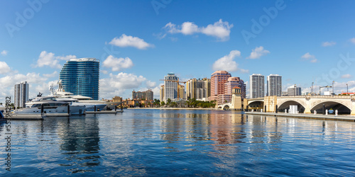 Royal Park Bridge with marina and skyline panorama in West Palm Beach, USA