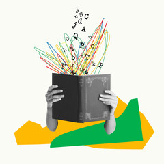 Contemporary art collage. Male hands holding book with letters appearing over. Interesting story telling, information, education