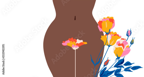 Women's health. Female dark hips. Bikini line.  The topic of female intimate depilation and hygiene. Roses, leaves. Vector