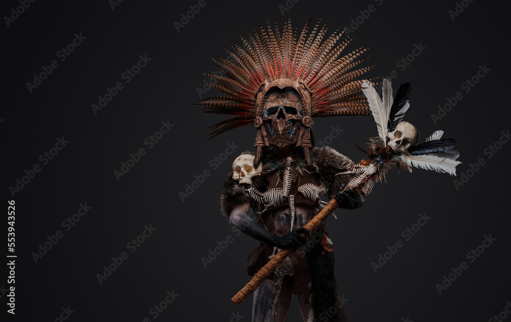 Fototapeta premium Portrait of aboriginal witch dressed in ceremonial attire and plumed headdress.