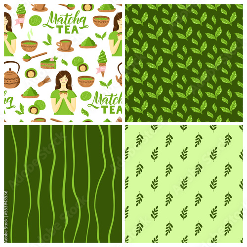 Matha Tea leaf organic seamless pattern set. Floral design template for packaging, menu restaurant, wrapping paper. Vector illustration of Matcha, green tea leaves as repeat background. Cute stripes