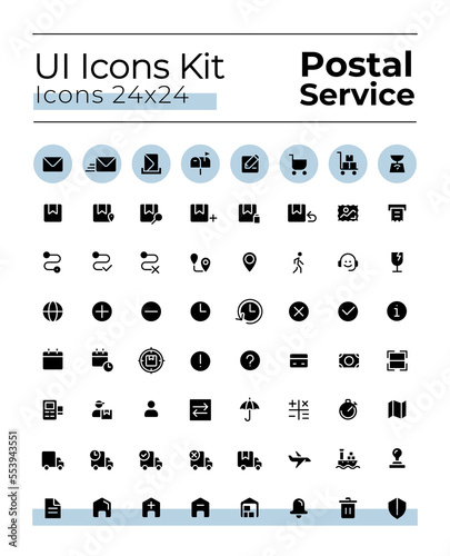 Postal service black glyph ui icons set. Parcel delivery. Mailing. Silhouette symbols on white space. Solid pictograms for web, mobile. Isolated vector illustrations. Montserrat Bold, Light fonts used