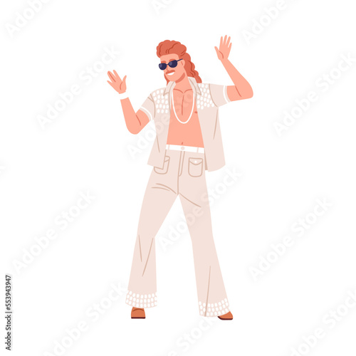 Man in sunglasses dancing in fashion 80s outfit to 1980s music at retro disco party. Person wearing apparel, clothes, hairstyle in eighties style. Flat vector illustration isolated on white background