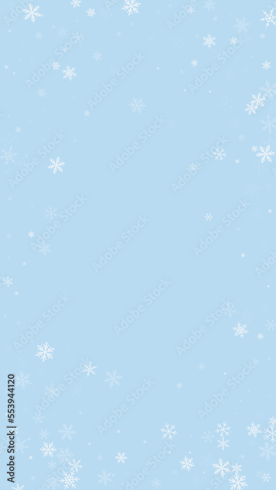 Falling snowflakes christmas background. Subtle flying snow flakes and stars on light blue winter backdrop. Beautifully falling snowflakes overlay. Vertical vector illustration. Falling snowflakes christmas background. Subtle flying snow flakes and stars on light blue winter backdrop. Beautifully falling snowflakes overlay. Vertical vector illustration.