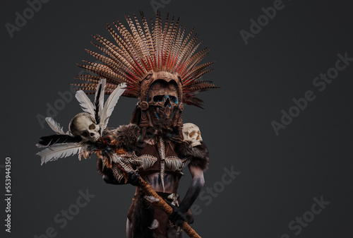 Studio shot of ancient shaman woman with painted body and plumed headdress.