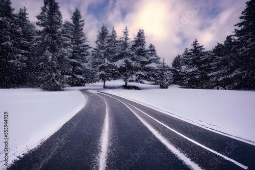 雪が降っている道路　with generative ai © CrioStudio