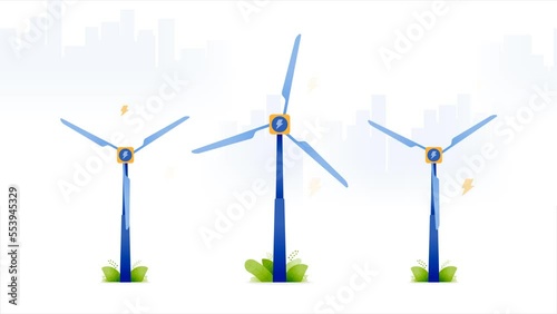 2d motion loop animation video of windmills catch wind and turn it into electricity. sustainable eco friendly energy with zero carbon emission more. can be for advertisements, apps and websites