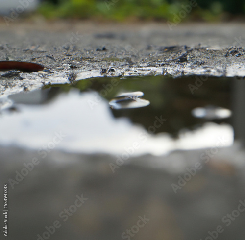 Image of close up of rain puddle with reflection and mud surround created using Generative AI technology