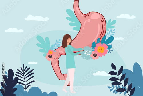 Group of doctors check up human stomach. A doctor holding magnifying glass zoom at stomach, lady Doctor using stethoscope, explaining symptoms and treatment, digestive system, intestinal and gastro.