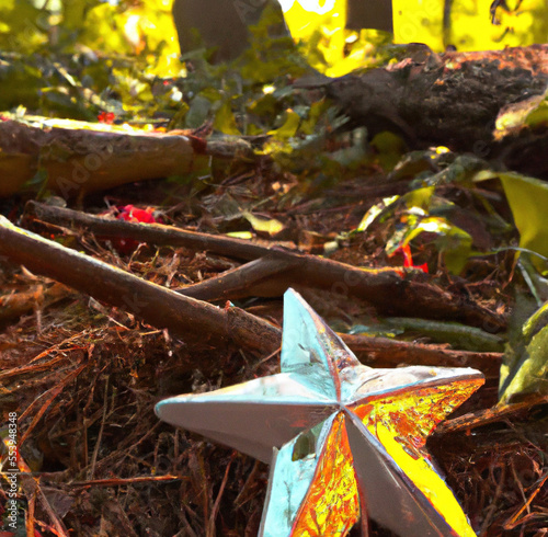 Image of silver five arm star in amongst trees in forest created using Generative AI technology © Future Vision