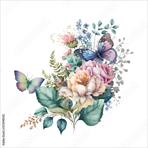 Watercolor floral bouquet - illustration with butterfly, blush pink blue yellow vivid flowers. Decorative elements template. Flat cartoon illustration isolated on white background