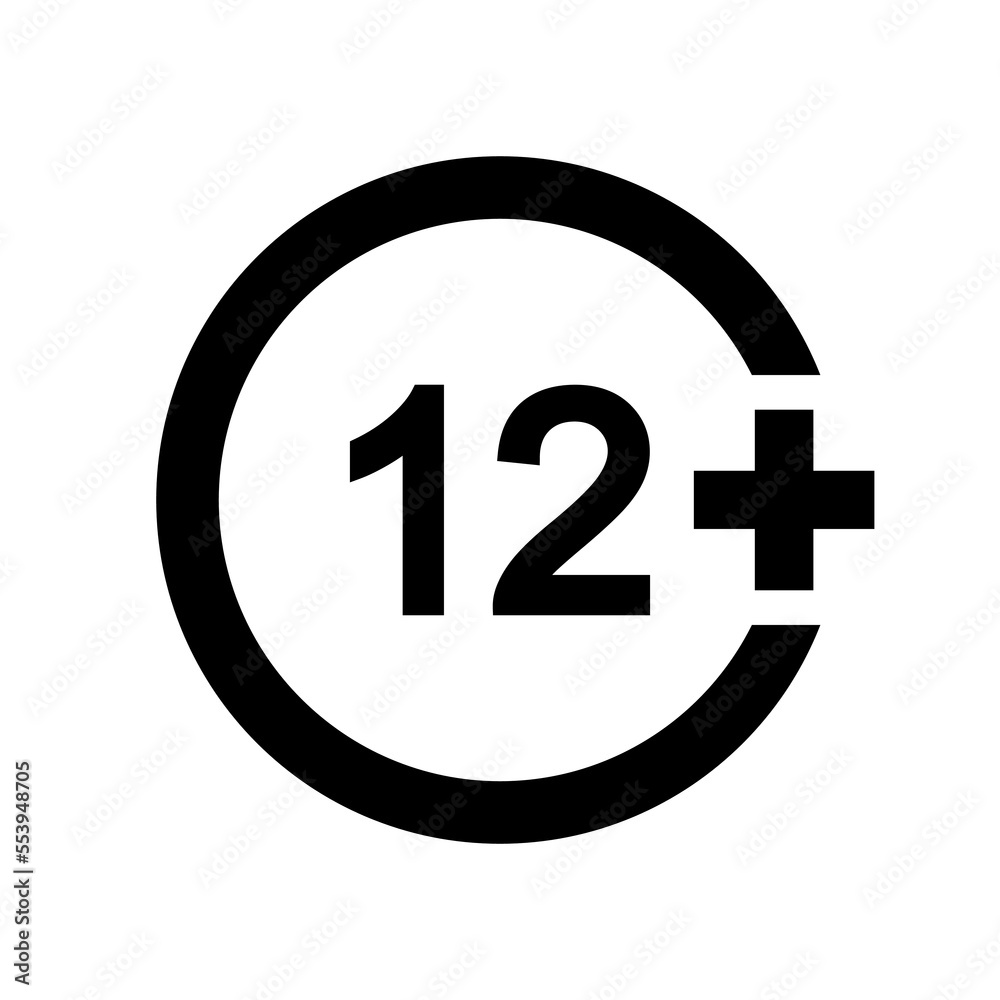 Twelve plus icon. Age censor symbol. Movie viewing age limit label. Number 12 in circle isolated on white background. Vector illustration Twelve plus icon. Age censor symbol. Movie viewing age limit label. Number 12 in circle isolated on white background. Vector illustration