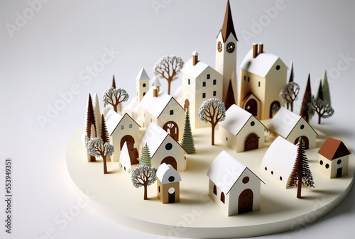 snowy winter new year idea wood toy town village cartoon style with an abstract simple white backdrop. Generative AI