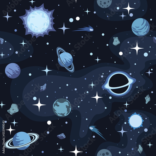 Space seamless pattern background. Planets, stars, asteroids, black hole in outer space. Vector illustration.