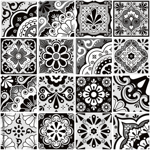 Mexican talvera ceramic tiles set black, gray and white with decor, flowers, leaves and swirls perfect for wallpaper, home decor, textile or fabric print
