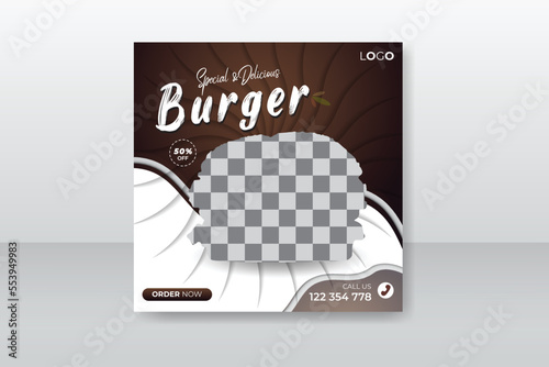 Delicious burger social media post design for restaurant, food social media promotion and post design template with abstract shapes