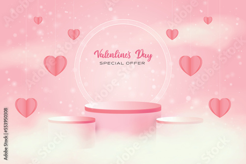 Happy Valentines day sale background. product Podium in clouds with hanging hears background