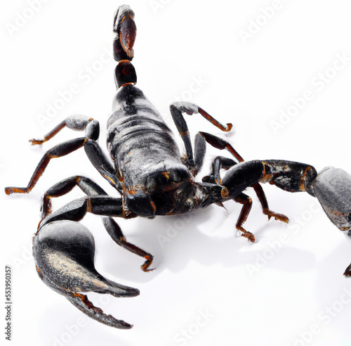 Image of close up of black scorpion on white background created using Generative AI technology