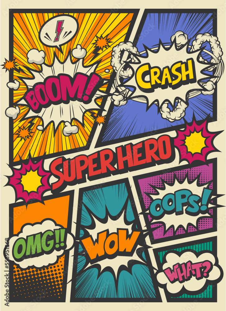 レトロ風アメコミ風コマ割り素材 Retro pop art comics book magazine, speech bubble, balloon, box message	, Super Hero. - obrazy, fototapety, plakaty 