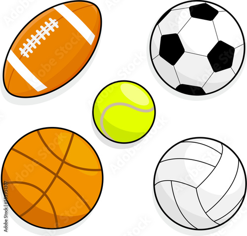 Set of soccer, basketball, tennis, volleyball and rugby sport balls. Vector illustration collection