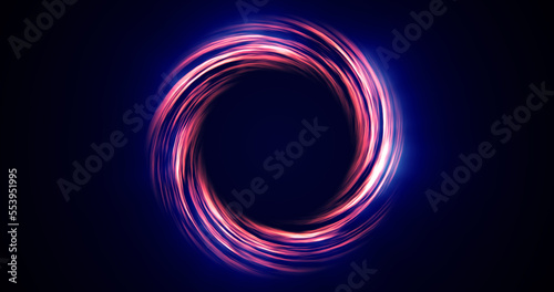 Looped twirl circle of stripes and lines of bright purple beautiful magical energy glowing neon, round frame. Abstract background