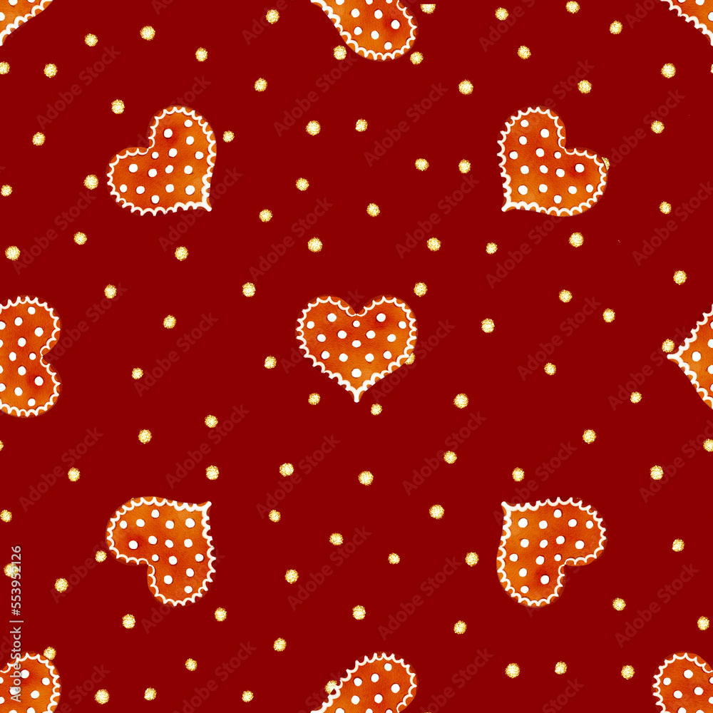 Hand drawn watercolor seamless pattern with Christmas gingerbread cookies, candies, heart