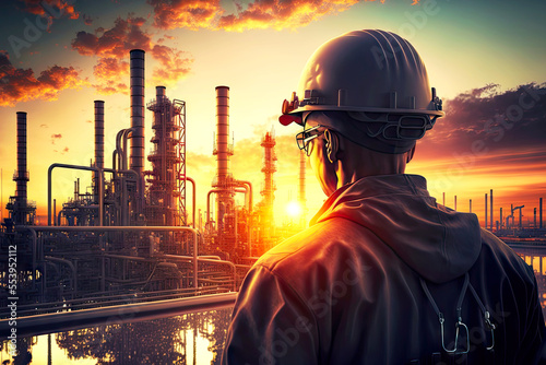Fototapete Petrochemical industry worker in helmet stands and looks at oil rig