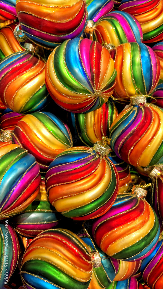 Christmas background. Rainbow Christmas tree baubles ornaments LGBTQ